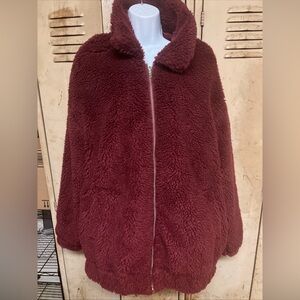 New Look Sherpa Bomber Jacket Womens 6 Burgandy Full Zip Lined Coat